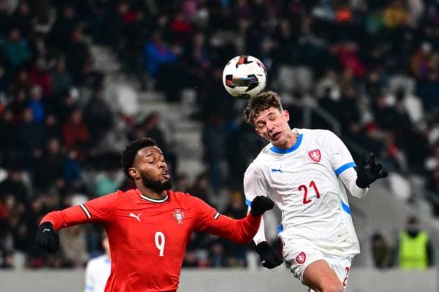 Youssef Chermiti of Portugal, left, and Alexandr Buzek of Czech Republic in action during the European Championship, EM, Europameisterschaft 2027 U21, U 21 Group B qualification match Czech Republic vs Portugal in Hradec Kralove, Czech Republic, November 18, 2025. (CTKxPhoto DavidxTanecek) CTKPhotoP2025111806938  CTKPhotoP2025111806938