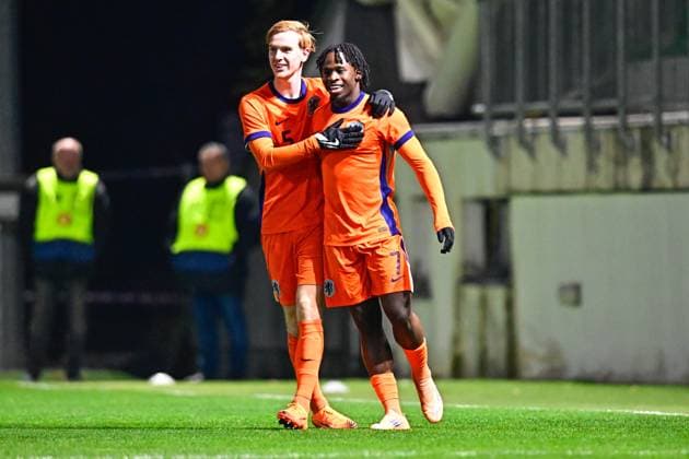 BUDAORS , 18-11-2025 , BSC Stadium , season 2025 2026 , UEFA European U21, U 21 Football 2025 , Qualifying round , match day 7 , match between Israel U21 and Netherlands U21 , picture shows Netherlands U21 player Mats Rots and Netherlands U21 player Jayden Addai celebrating the 0-1 Israel vs Netherlands (U21)  x32084422x Copyright: