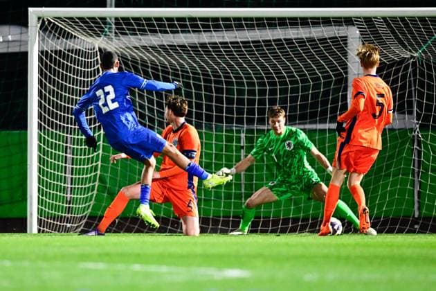 BUDAORS , 18-11-2025 , BSC Stadium , season 2025 2026 , UEFA European U21, U 21 Football 2025 , Qualifying round , match day 7 , match between Israel U21 and Netherlands U21 , picture shows Israel U21 player Mohamed Abu Rumi scoring the 1-1 Israel vs Netherlands (U21)  x32084482x Copyright: