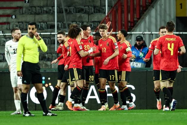 Belgium s Hans Vanaken celebrates after scoring during a soccer game between Belgium s Red Devils and Liechtenstein, the last FIFA World Cup, WM, Weltmeisterschaft, Fussball 2026 qualification match, in Liege on Tuesday 18 November 2025. BRUNOxFAHY  x142517860x