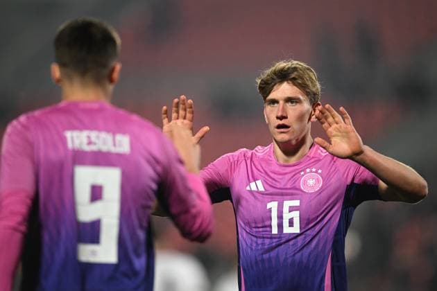 European Under-21 Championship 2027 qualifying round, Georgia 0-2 Germany, Nicolo Tresoldi ( 9 of Germany Under-21) and Aljoscha Kemlein ( 16 of Germany Under-21) , November 18, 2025, Mikheil Meskhi stadium, Tbilisi, Georgia Copyright: xx European Under-21 Championship 2027 qualifying round, Georgia 0-2 Germany-22