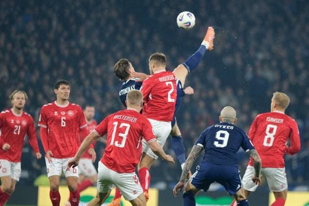 UK: Scotland v Denmark, UEFA World Cup European Qualifiers at Hampden Park, Glasgow, Scotland on 18 November 2025: Pictured: Scott McTominay (Scotland) scores a spectacular overhead kick to make it 1-0 Glasgow Hampden Park Scotland Copyright: xAlexxToddx