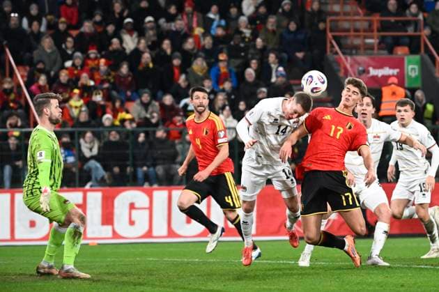 Belgium v Liechtenstein - FIFA World Cup, WM, Weltmeisterschaft, Fussball 2026 UEFA Qualifiers LIEGE, BELGIUM - NOVEMBER 18 : De Ketelaere Charles midfielder of Belgium battles for the ball with Meier Livio midfielder of Liechtenstein during the FIFA World Cup 2026 UEFA European Qualifiers group J qualifying round matchday 10 between Belgium and Liechtenstein on November 18, 2025 in Liege, Belgium, 18 11 2025 Liege Belgium  Copyright: xPeterxDexVoechtx
