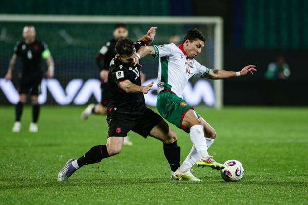 Georgia s Zuriko Davitashvili in action against Bulgaria s Filip Krastev during the FIFA World Cup, WM, Weltmeisterschaft, Fussball qualifiers game between Bulgaria and Georgia - Vasil Levski stadium in Sofia, Bulgaria on November 18, 2025  Copyright: xIvanxSxIvanov IPAxSportx xipa-agency.netx xx IPA_68098847 IPA_Agency_IPA68098847