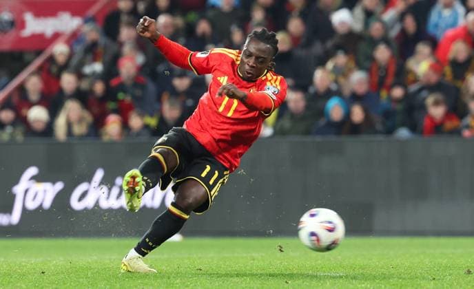 Belgium s Jeremy Doku scores a goal during a soccer game between Belgium s Red Devils and Liechtenstein, the last FIFA World Cup, WM, Weltmeisterschaft, Fussball 2026 qualification match, in Liege on Tuesday 18 November 2025. VIRGINIExLEFOUR  x142524060x