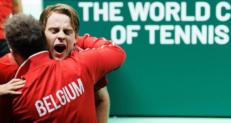 Belgian Zizou Bergs celebrates after winning a tennis match between Belgian Bergs and French Rinderknech, the second match of the Davis Cup quarter-finals between Belgium and France, in Bologna, Italy, on Tuesday 18 November 2025. Davis Cup top eight Finals takes place in Bologna from November 18 to 23. BENOITxDOPPAGNE  x142524277x