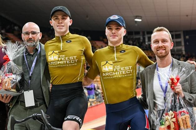 Belgian Nolan Huysmans and Belgian Matijs Van Strijthem pictured during the first day of the Zesdaagse Vlaanderen-Gent six-day indoor Track cycling, Rad, Radsport, Bahnrad, Bahn event at the indoor cycling arena t Kuipke, Tuesday 18 November 2025, in Gent. DAVIDxPINTENS  x142525264x