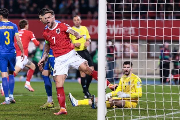 SOCCER - FIFA WC quali, AUT vs BIH VIENNA,AUSTRIA,18.NOV.25 - FIFA World Cup, WM, Weltmeisterschaft, Fussball 2026, European Qualifiers, group stage, OEFB international match, Länderspiel, Nationalmannschaft Austria vs Bosnia and Herzegovina. Image shows the rejoicing of Marko Arnautovic (AUT). GEPAxpictures xArminxRauthner