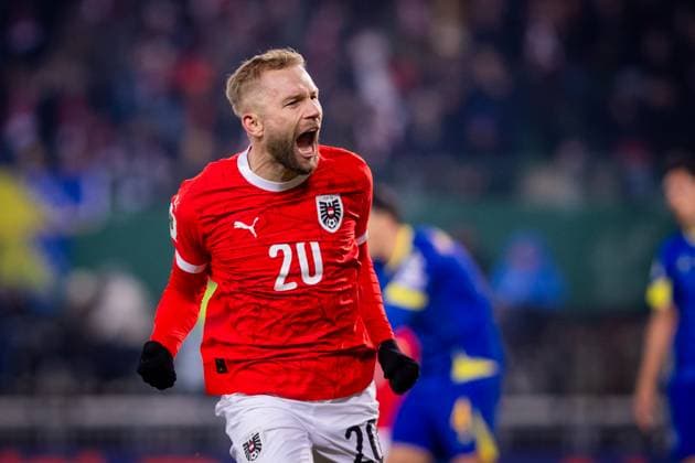 AUSTRIA - BOSNIA AND HERZEGOVINA Konrad Laimer of Austria celebrates a goal during European qualifier of FIFA World Cup, WM, Weltmeisterschaft, Fussball WM, Weltmeisterschaft, Fussball 2026 football match between Austria and Bosnia and Herzegovina. Ernst Happel Stadion, Vienna, Austria, November 18, 2025. Photo by Branislav Racko Copyright: xx 080A0997