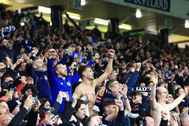 18th November 2025; Hampden Park, Glasgow, Scotland; FIFA World Cup, WM, Weltmeisterschaft, Fussball Qualifiers International Football, Scotland versus Denmark; Scotland fans celebrate their country qualifying for the FIFA World Cup finals in the USA  DavidxYoung