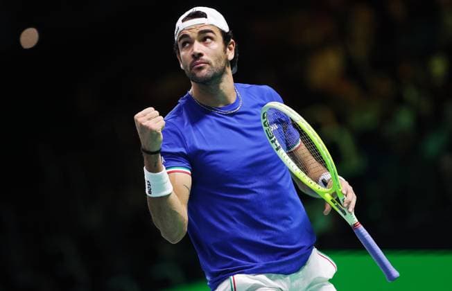 TENNIS - Davis Cup Final 8 BOLOGNA,ITALY,19.NOV.25 - TENNIS - ITF Davis Cup, Final 8, Italy vs Austria. Image shows the rejoicing of Matteo Berrettini (ITA).  GEPAxpictures xMatthiasxHauer