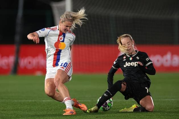 Biella, Italy, 19th November 2025. Amalie Jorgensen Vangsgaard of Juventus clashes with Lindsey Heaps of OL Lyonnes during the Juventus Women vs Lyonnes UEFA Womens Champions League match at Stadio Vittorio Pozzo, Biella. Picture credit should read: Jonathan Moscrop Sportimage EDITORIAL USE ONLY. No use with unauthorised audio, video, data, fixture lists, club league logos or live services. Online in-match use limited to 120 images, no video emulation. No use in betting, games or single club league player publications. SPI_004_JM_JUVE_LYONNES_UWCL SPI-4295-0004