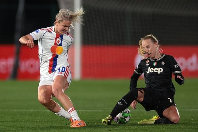 Biella, Italy, 19th November 2025. Amalie Jorgensen Vangsgaard of Juventus clashes with Lindsey Heaps of OL Lyonnes during the Juventus Women vs Lyonnes UEFA Womens Champions League match at Stadio Vittorio Pozzo, Biella. Picture credit should read: Jonathan Moscrop Sportimage EDITORIAL USE ONLY. No use with unauthorised audio, video, data, fixture lists, club league logos or live services. Online in-match use limited to 120 images, no video emulation. No use in betting, games or single club league player publications. SPI_005_JM_JUVE_LYONNES_UWCL SPI-4295-0005