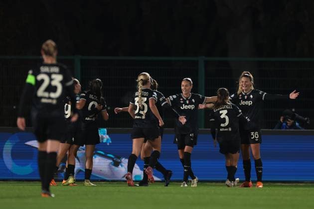 Biella, Italy, 19th November 2025. Michela Cambiaghi of Juventus celebrates with team mates after scoring to give the side a 2-0 lead during the Juventus Women vs Lyonnes UEFA Womens Champions League match at Stadio Vittorio Pozzo, Biella. Picture credit should read: Jonathan Moscrop Sportimage EDITORIAL USE ONLY. No use with unauthorised audio, video, data, fixture lists, club league logos or live services. Online in-match use limited to 120 images, no video emulation. No use in betting, games or single club league player publications. SPI_008_JM_JUVE_LYONNES_UWCL SPI-4295-0008