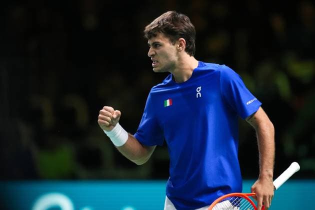 Flavio Cobolli celebrates during the Davis Cup Finals 2025 Quarterfinals match between Flavio Cobolli (Italy) and Filip Misolic (Austria) at Bologna Fiere, Bologna, Italy - November 19, 2025. - Tennis.  Copyright: xMassimoxPaolone LaPressex