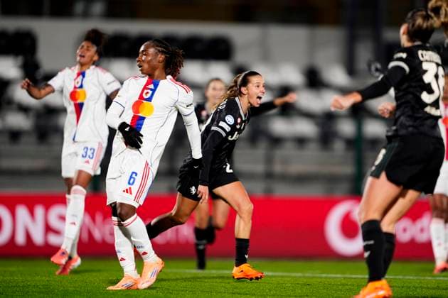 Juventus women Tatiana Pinto celebrates after scoring the 3-0 goal for his team during the UEFA Women s Champions League soccer match between Juventus Women and OL Lyonnes at the Stadium Comunale Vittorio Pozzo La Marmora in Biella, north west Italy - Day 4 - November 19, 2025. - Soccer.  Copyright: xFabioxFerrari LaPressex
