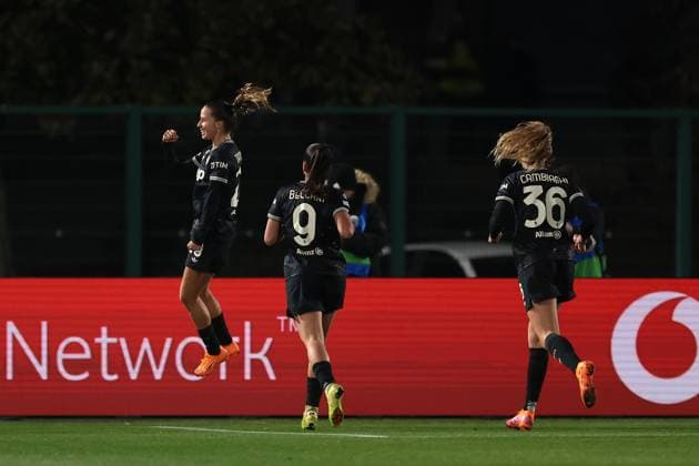 Biella, Italy, 19th November 2025. Tatiana Pinto of Juventus celebrates with team mates after scoring to give the side a 3-0 lead during the Juventus Women vs Lyonnes UEFA Womens Champions League match at Stadio Vittorio Pozzo, Biella. Picture credit should read: Jonathan Moscrop Sportimage EDITORIAL USE ONLY. No use with unauthorised audio, video, data, fixture lists, club league logos or live services. Online in-match use limited to 120 images, no video emulation. No use in betting, games or single club league player publications. SPI_012_JM_JUVE_LYONNES_UWCL SPI-4295-0012