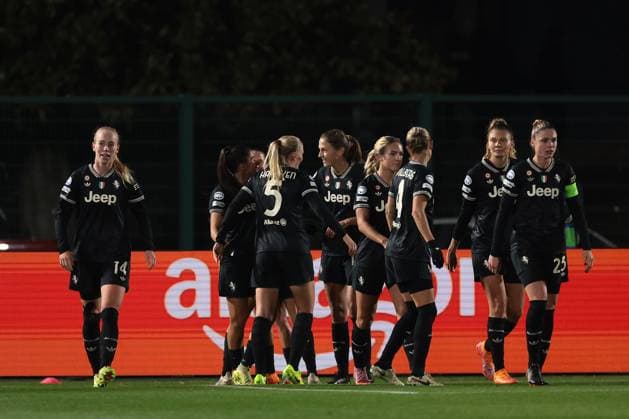 Biella, Italy, 19th November 2025. Tatiana Pinto of Juventus celebrates with team mates after scoring to give the side a 3-0 lead during the Juventus Women vs Lyonnes UEFA Womens Champions League match at Stadio Vittorio Pozzo, Biella. Picture credit should read: Jonathan Moscrop Sportimage EDITORIAL USE ONLY. No use with unauthorised audio, video, data, fixture lists, club league logos or live services. Online in-match use limited to 120 images, no video emulation. No use in betting, games or single club league player publications. SPI_014_JM_JUVE_LYONNES_UWCL SPI-4295-0014
