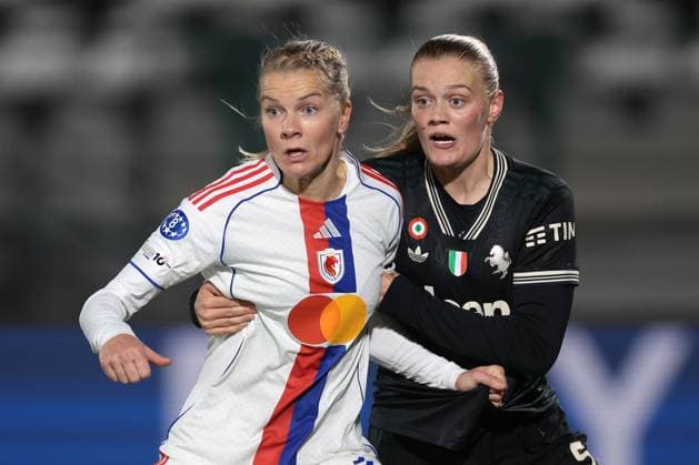 Biella, Italy, 19th November 2025. Mathilde Harviken of Juventus tussles with Ada Hegerberg of OL Lyonnes during the Juventus Women vs Lyonnes UEFA Womens Champions League match at Stadio Vittorio Pozzo, Biella. Picture credit should read: Jonathan Moscrop Sportimage EDITORIAL USE ONLY. No use with unauthorised audio, video, data, fixture lists, club league logos or live services. Online in-match use limited to 120 images, no video emulation. No use in betting, games or single club league player publications. SPI_029_JM_JUVE_LYONNES_UWCL SPI-4295-0029