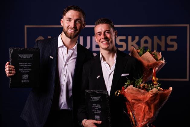 251119 Mjällbys malvakt Noel Törnqvist och Elliot Stroud poserar för ett porträtt för pris för arets malvakt och back under Allsvenskans Stora Pris den 19 november 2025 i Stockholm. Copyright: CAISAxRASMUSSEN BB251119BB420