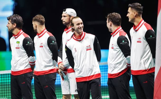 TENNIS - Davis Cup Final 8 BOLOGNA,ITALY,19.NOV.25 - TENNIS - ITF Davis Cup, Final 8, Italy vs Austria. Image shows captain Juergen Melzer, Filip Misolic, Jurij Rodionov, Lukas Neumayer, Lucas Miedler and Alexander Erler (AUT).  GEPAxpictures xMatthiasxHauer