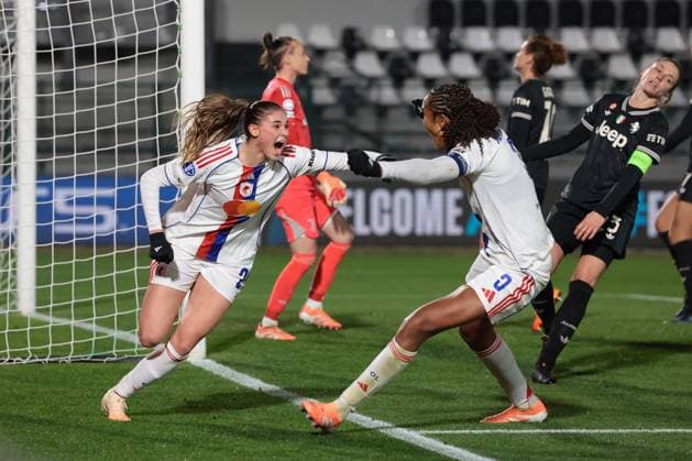 Biella, Italy, 19th November 2025. Jule Brand of OL Lyonnes celebrates with team mate Wendie Renard after heading the ball home only for her late effort to be disallowed for offside during the Juventus Women vs Lyonnes UEFA Womens Champions League match at Stadio Vittorio Pozzo, Biella. Picture credit should read: Jonathan Moscrop Sportimage EDITORIAL USE ONLY. No use with unauthorised audio, video, data, fixture lists, club league logos or live services. Online in-match use limited to 120 images, no video emulation. No use in betting, games or single club league player publications. SPI_085_JM_JUVE_LYONNES_UWCL SPI-4295-0085