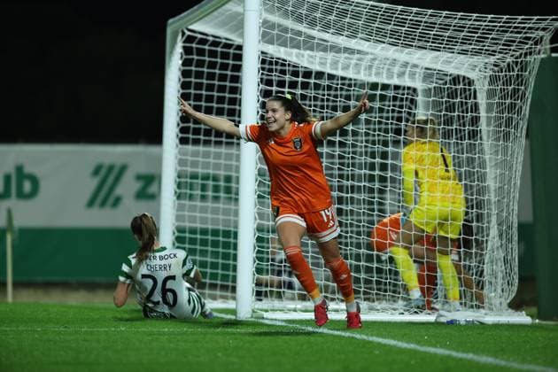 Nicole Kozlova ( Glasgow City LFC Women s team ) celebrating a goal during the match between Sporting CP Womens team and Glasgow City LFC Womens team, valid for UEFA Womens Europa Cup 2025 2026 - round of 16 at Estadio Aurelio Pereira on 19 November 2025. Lisboa Estadio Aurelio Pereira Alcochete Portugal Copyright: xIMAGOx xPRIMExSPORTSxIMAGESx xFILIPExOLIVEIRAx