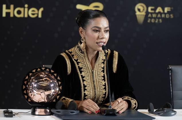 CAF Awards 2025 SALE, MOROCCO - NOVEMBER 19: Al-Hilal Saudi s Moroccan player Ghizlane Chebbak, winner of the African Women s Footballer of the Year award at the CAF Awards ceremony, makes a statement to the press after receiving the honor in Sale, Morocco on November 19, 2025. Abu Adem Muhammed Anadolu Sale Morocco. Editorial use only. Please get in touch for any other usage.  Copyright: x2025xAnadoluxAbuxAdemxMuhammedx