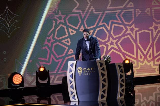 Achraf Hakimi wins African Footballer of the Year award SALE, MOROCCO - NOVEMBER 19: Paris Saint-Germain’s Moroccan player Achraf Hakimi, winner of the African Footballer of the Year award at the CAF Awards ceremony, delivers a speech after receiving the honor in Sale, Morocco on November 19, 2025. Abu Adem Muhammed Anadolu Sale Morocco. Editorial use only. Please get in touch for any other usage.  Copyright: x2025xAnadoluxAbuxAdemxMuhammedx