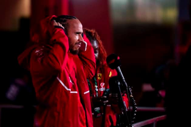 British Formula One driver Lewis Hamilton of Scuderia Ferrari is interviewed during the Formula One Las Vegas Grand Prix at the Las Vegas Strip Circuit in Las Vegas on Wednesday, November 19, 2025.  LAS2025111931 GREGxNASH