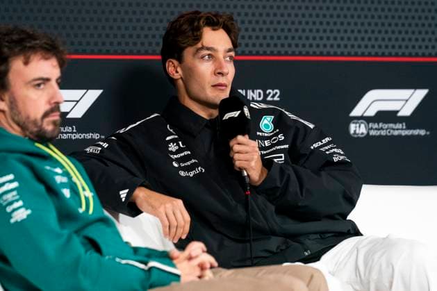 British Formula One driver George Russell of Mercedes-AMG Petronas answers a question at a press conference, PK, Pressekonferenz during the Formula One Las Vegas Grand Prix at the Las Vegas Strip Circuit in Las Vegas on Wednesday, November 19, 2025.  LAS2025111921 GREGxNASH