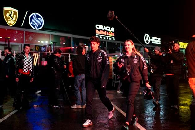 Italian Formula One driver Andrea Kimi Antonelli of Mercedes-AMG Petronas is seen in the paddock during the Formula One Las Vegas Grand Prix at the Las Vegas Strip Circuit in Las Vegas on Wednesday, November 19, 2025.  LAS2025111924 GREGxNASH