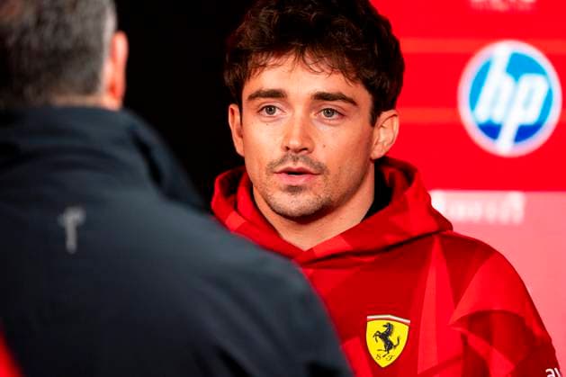 Monaco s Formula One driver Charles Leclerc of Scuderia Ferrari is interviewed during the Formula One Las Vegas Grand Prix at the Las Vegas Strip Circuit in Las Vegas on Wednesday, November 19, 2025.  LAS2025111928 GREGxNASH