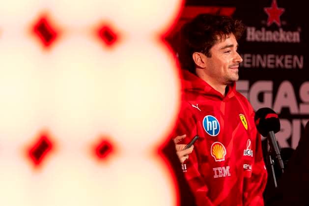Monaco s Formula One driver Charles Leclerc of Scuderia Ferrari is interviewed during the Formula One Las Vegas Grand Prix at the Las Vegas Strip Circuit in Las Vegas on Wednesday, November 19, 2025.  LAS2025111929 GREGxNASH