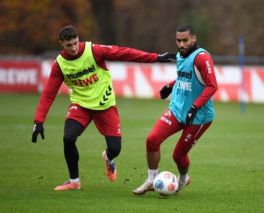 20.11.2025, xophax, Fussball 1.Bundesliga Saison 2025 2026 1.FC Köln Training Linton Maina , rechts und Eric Martel , links ( beide 1.FC Köln ) Leverkusen
