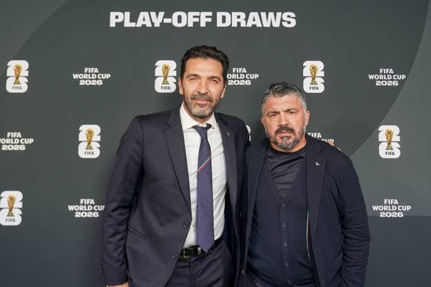 Fussball: FIFA WM-Qualifikation Europa 2025 26 Playoff-Auslosung Home of FIFA (Zürich, Schweiz): Gianluigi Buffon (Delegationsleiter Italien) und Trainer Gennaro Gattuso Zürich Kanton Zürich Schweiz Copyright: xJOERANxSTEINSIEKx