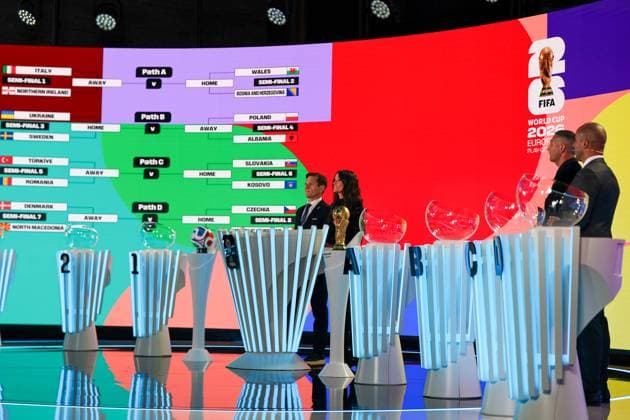 Fussball: FIFA WM-Qualifikation Europa 2025 26 Playoff-Auslosung Home of FIFA (Zürich, Schweiz): Bühne mit Manolo Zubiria (FIFA Draw Director) Melanie Winiger (Moderatorin) Marco Materazzi (FIFA Legende) Martin Dahlin (FIFA Legende) Zürich Kanton Zürich Schweiz Copyright: xJOERANxSTEINSIEKx