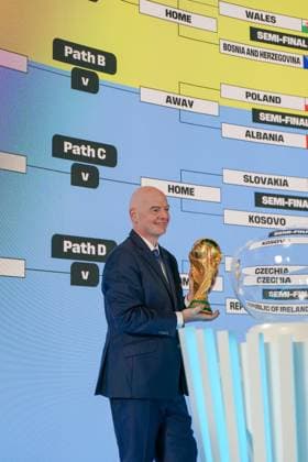 Fussball: FIFA WM-Qualifikation Europa 2025 26 Playoff-Auslosung Home of FIFA (Zürich, Schweiz): Gianni Infantino (FIFA Präsident) mit WM Trophäe, Pokal Copyright: xJOERANxSTEINSIEKx