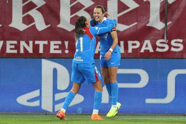 Amaiur Sarriegi of Atletico Madrid celebrates after scoring the goal during the match FC Twente Enschede vs Atletico de Madrid at the Stadium the Grolsch Veste for the Champions League women season 2025-2026 in ENSCHEDE, Netherlands on 20 november 2025, (photo by Peter Lous EYE4images DeFodi Images)