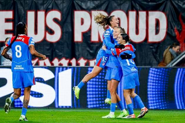 Synne Jensen of Atletico Madrid celebrates with teammates after scoring her teams third goal FC Twente v Club Atletico de Madrid, UEFA Women s Champions League 2025 26 League Phase MD4, FC Twente v Club Atletico de Madrid, FC Twente Stadion, November 20, 2025, Enschede, Netherlands.
