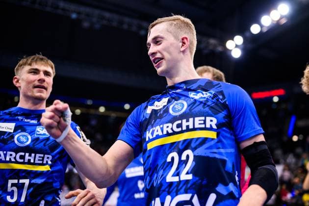 TVB Stuttgart - GWD Minden Handball: 1. Bundesliga, Herren, Saison 2025 2026, TVB Stuttgart - GWD Minden, Porsche Arena. Stuttgarts Torben Matzken jubelt nach dem Spiel. Stuttgart Porsche Arena Baden-Württemberg Deutschland