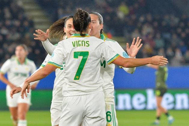 Roma s Evelyne Viens celebrates after scoring during a soccer match between Oud-Heverlee Leuven Women and Italian AS Roma, Thursday 20 November 2025 in Leuven, game 4 (out of 6) in the league phase of the UEFA Women s Champions League competition. JILLxDELSAUX  x143036535x