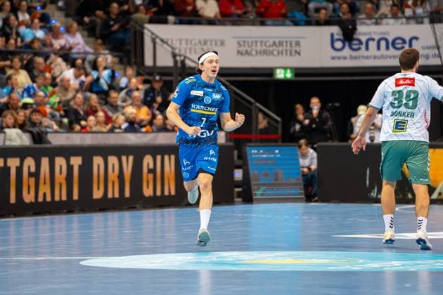 Handball I Herren I Saison 2025-2026 I Bundesliga I 13. Spieltag I TVB Stuttgart - GWD Minden I 20.11.2025 Kasper Thorsen Lien (7, TVB Stuttgart) jubelt Stuttgart Porsche Arena Baden-Württemberg Deutschland Copyright: xLobeca MaxxPetershansx