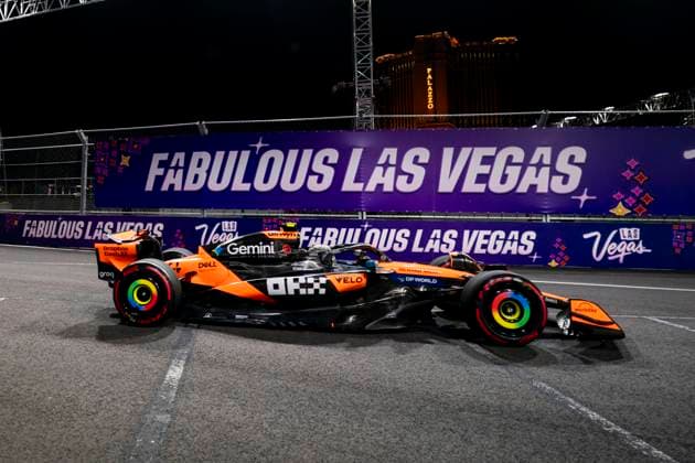 British Formula One driver Lando Norris of McLaren F1 Team in action during the second free practice session of the Formula One Las Vegas Grand Prix at the Las Vegas Strip Circuit in Las Vegas on Thursday, November 20, 2025.  LAS2025112070 GREGxNASH