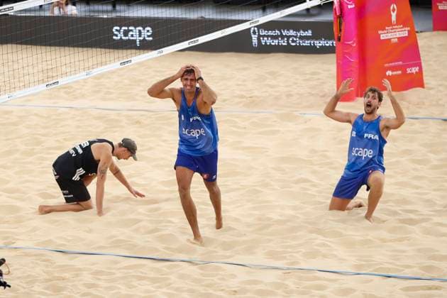 Beach volleyball, Beachvolleyball World Championship, WM, Weltmeisterschaft TÃ o Rotar and Arnaud Gauthier-Rat (FRA) celebrate victory over Sven Winter and Lukas Pfretzschner L. (GER) during the Men™s Quarter Final match of the Beach Volleyball World Championships at The Drive in Adelaide, Friday, November 21, 2025. ( NO ARCHIVING, EDITORIAL USE ONLY ADELAIDE SOUTH AUSTRALIA AUSTRALIA  Copyright: xMATTxTURNERx 20251121119329624241