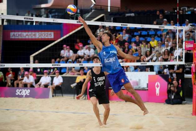 Beach volleyball, Beachvolleyball World Championship, WM, Weltmeisterschaft Sven Winter and Lukas Pfretzschner L. (GER) v Arnaud Gauthier-Rat and TÃ o Rotar (FRA) and during the Men™s Quarter Final match of the Beach Volleyball World Championships at The Drive in Adelaide, Friday, November 21, 2025. ( NO ARCHIVING, EDITORIAL USE ONLY ADELAIDE SOUTH AUSTRALIA AUSTRALIA  Copyright: xMATTxTURNERx 20251121148387829535