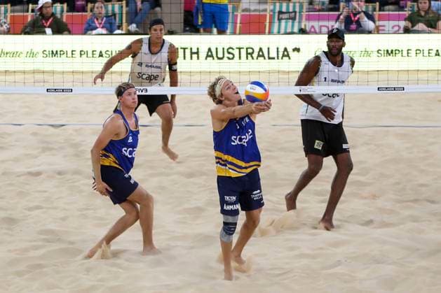 Beach volleyball, Beachvolleyball World Championship, WM, Weltmeisterschaft David Ahman and Jonatan Hellvig (SWE) v Evandro Goncalves Oliveira Junior and Arthur Diego Mariano Lanci (BRA) during the Men™s Quarter Final match of the Beach Volleyball World Championships at The Drive in Adelaide, Friday, November 21, 2025. ( NO ARCHIVING, EDITORIAL USE ONLY ADELAIDE SOUTH AUSTRALIA AUSTRALIA  Copyright: xMATTxTURNERx 20251121180795096777