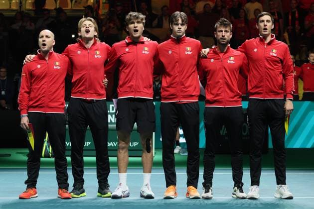 Belgian captain Steve Darcis (L) and his players pictured before the start of the Davis Cup semifinals between Belgium and Italy, in Bologna, Italy, on Friday 21 November 2025. The Davis Cup top eight Finals take place in Bologna from November 18 to 23. BENOITxDOPPAGNE  x143243725x