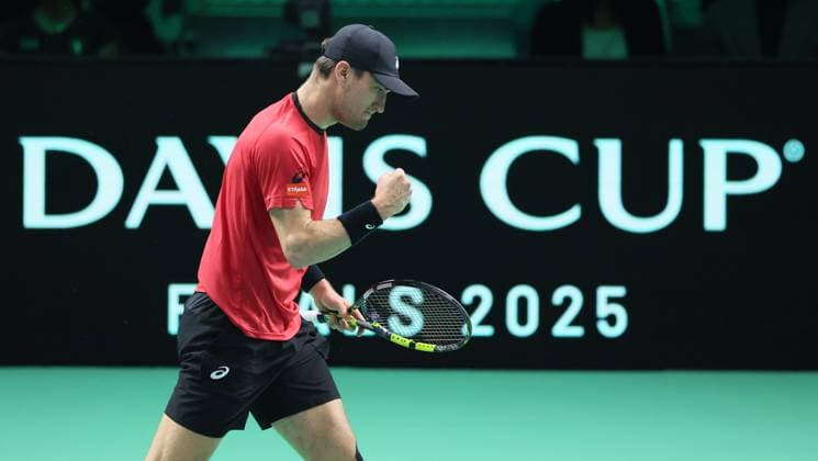 Belgian Raphael Collignon pictured during a tennis match against Italian Berrettini, the first in the Davis Cup semifinals between Belgium and Italy, in Bologna, Italy, on Friday 21 November 2025. The Davis Cup top eight Finals take place in Bologna from November 18 to 23. BENOITxDOPPAGNE  x143245115x
