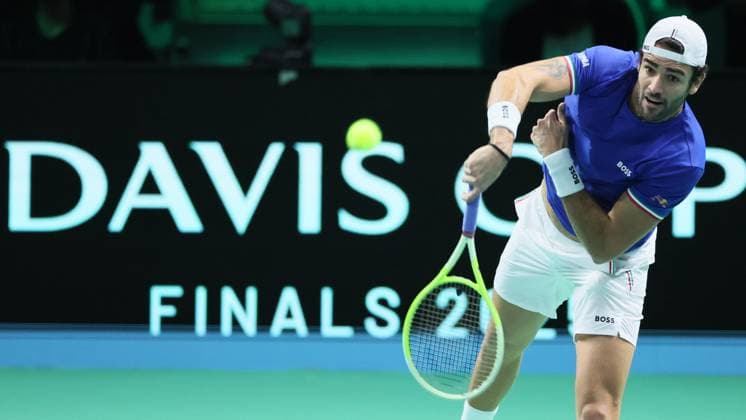 Italian Matteo Berrettini pictured in action during a tennis match against Belgian Collignon, the first in the Davis Cup semifinals between Belgium and Italy, in Bologna, Italy, on Friday 21 November 2025. The Davis Cup top eight Finals take place in Bologna from November 18 to 23. BENOITxDOPPAGNE  x143246549x